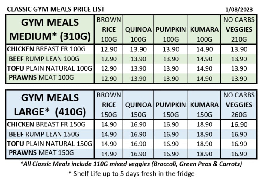 classic gym meals price list